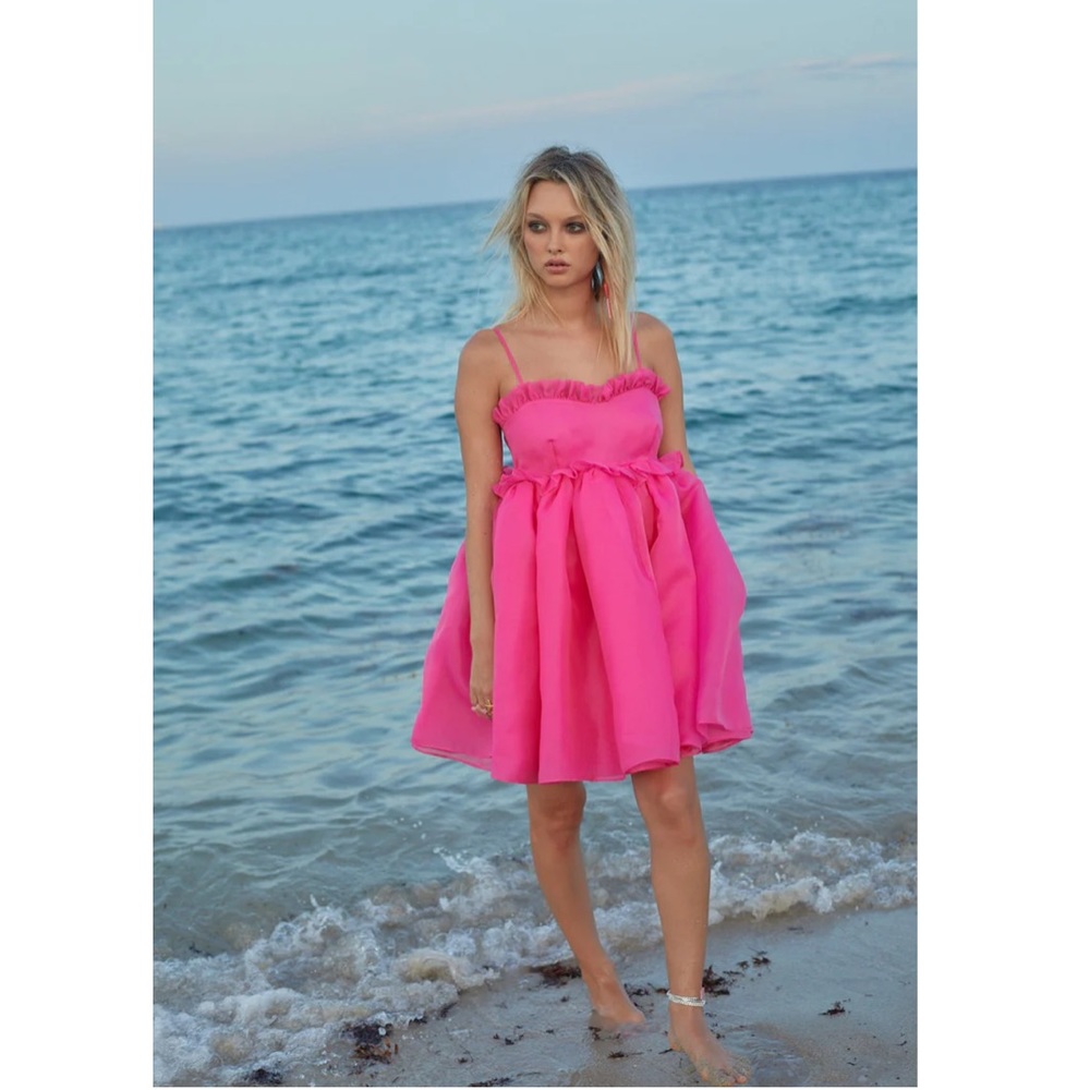 Free People SELKIE The Cali Rosebud Puff Ruffles babydoll Mini Dress Neon Pink S - Picture 1 of 7